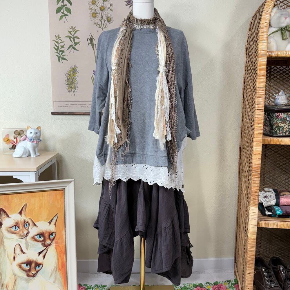 Eyelet Lace Tie Back Layered Top Mori Kei Forest Gloomy Coquette Shabby Chic XL